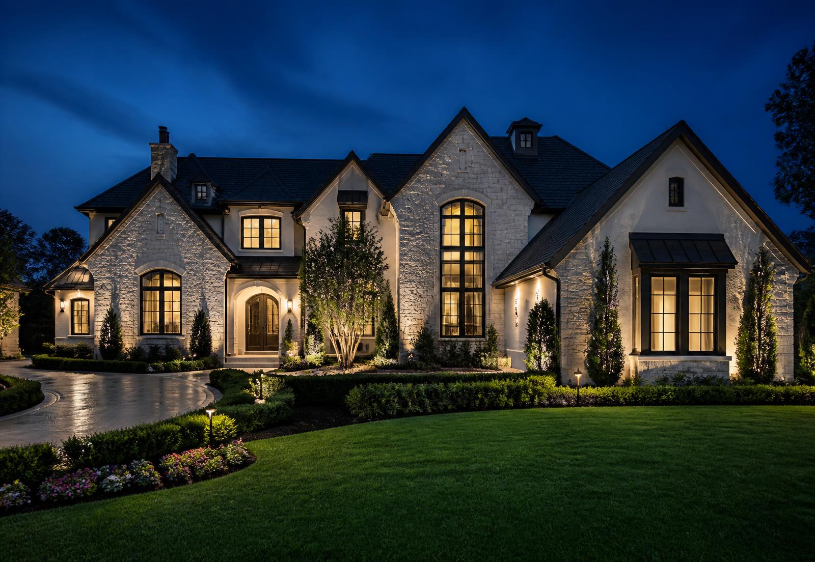 Luxury stone-and-stucco home lit at dusk with manicured landscaping